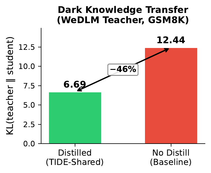 KL divergence to the WeDLM teacher on GSM8K (TIDE-Shared 6.69 vs. baseline 12.44)